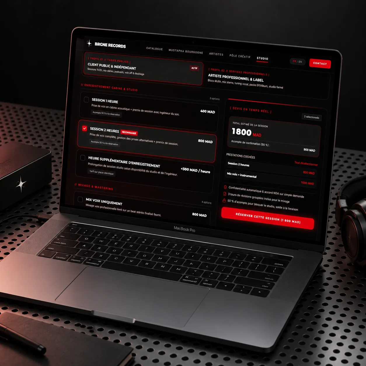 BRGNE Records studio interface for selecting recording and mixing services